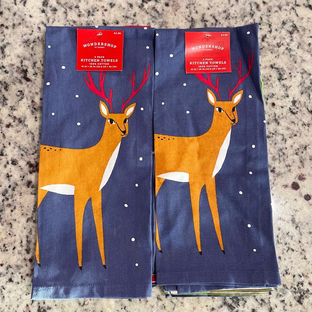 Wondershop 2pk Reindeer Stripes Kitchen Towels (Two Sets!) NWT